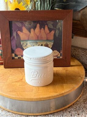 White Ceramic Jar with Embossed 'Burt's' Lid